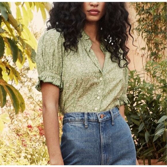 Doen Green Floral Button Front Ruffle Trim Short Sleeve Dauphine Blouse XS - Picture 11 of 12